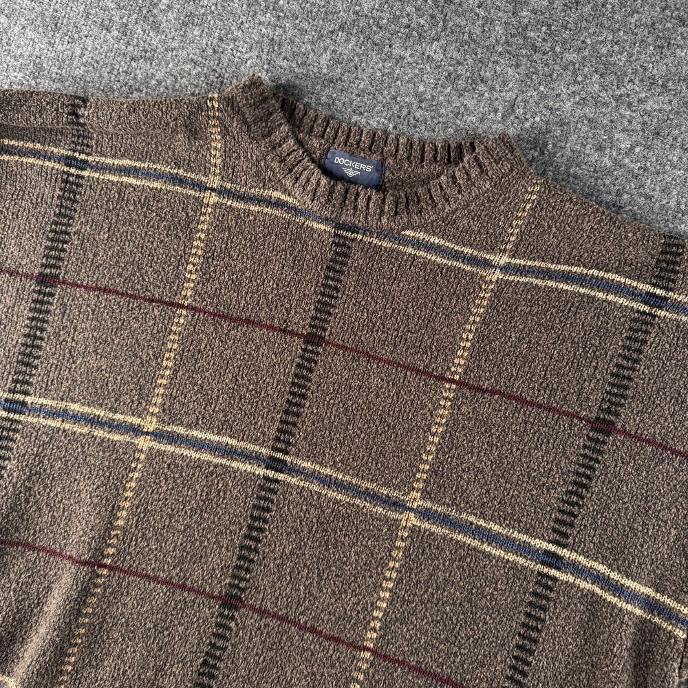 Vintage Dockers Knit Sweater Men XL‎ Brown Plaid 90s Grandpa Crewneck